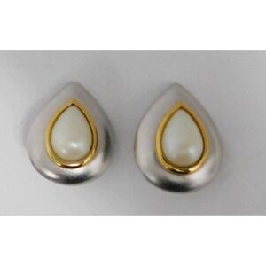 YSL Yves Saint Laurent Silver Gold Tone Pearl Jewel Clip On‎ Earrings
